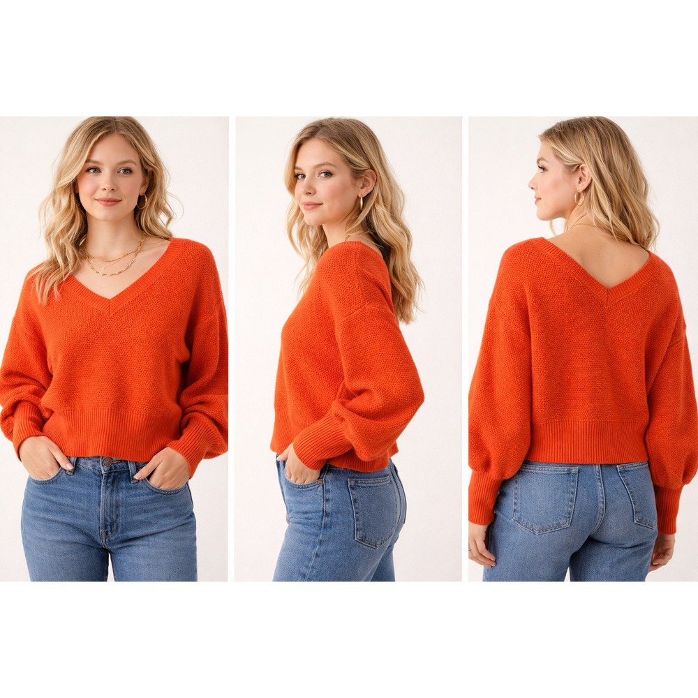 Anthropologie Orange V-Neck Balloon Sleeve Textured Knit Cotton Sweater Small